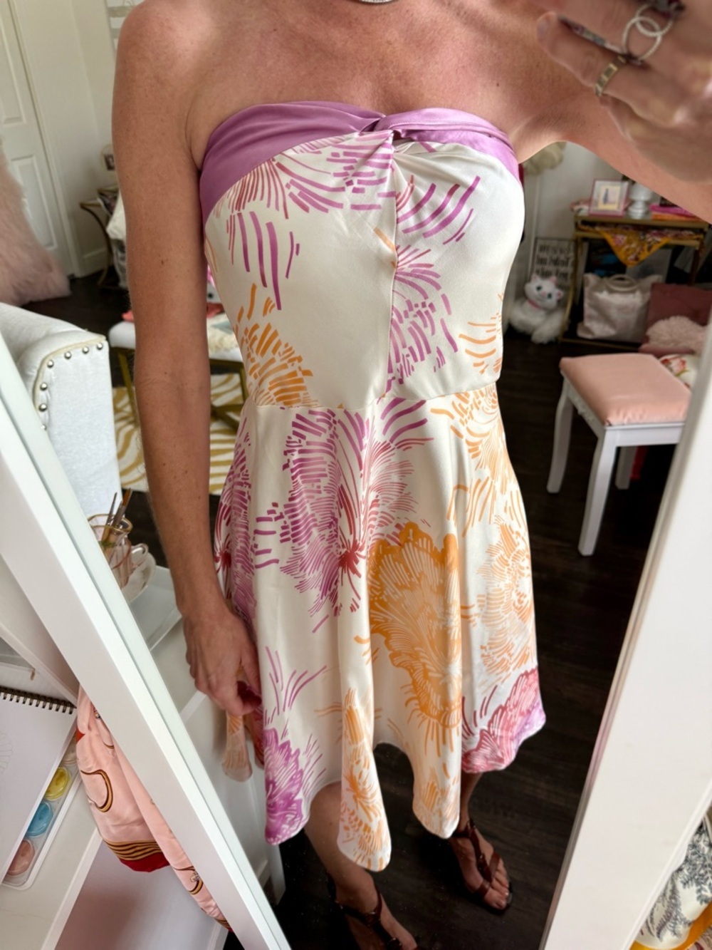 Tori Richard 100% Silk Strapless Dress Pink Orange Floral Mini Fit Flare Size 4